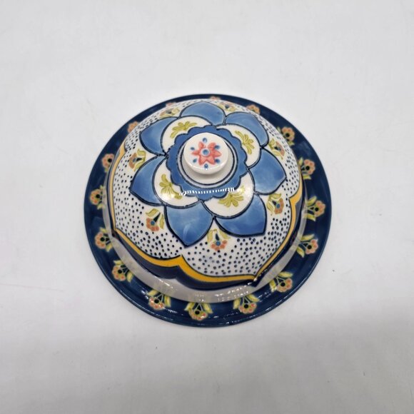 Hand-Painted Ceramic Domed Butter Dish With Lid - Floral Pattern - Blue/White/Ye - Picture 4 of 11